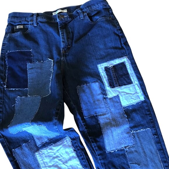 Boho Patchwork Jeans, Size 12: Upcycled Distressed Denim on Denim Hippie Pants - Picture 3 of 10